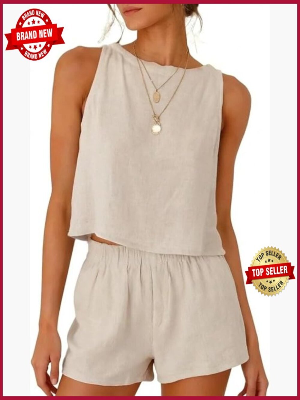 Womens Linen Two Piece Tank Top and Shorts Set Summer Vacation